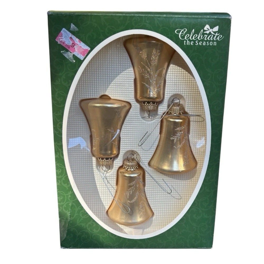 4 bell ornaments Christmas by Krebs Ornaments Glass bell Shaped sparkly